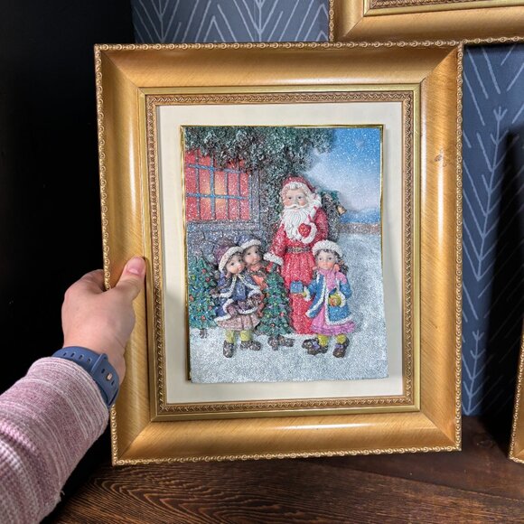 Vintage 3D Santa with Children Framed Christmas Decor Textured Relief Wall Art - Picture 3 of 12